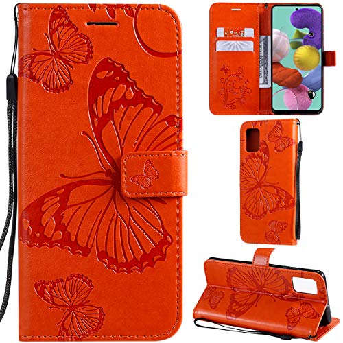 DodoBuy Samsung Galaxy A51 Hülle 3D Schmetterling Muster Prämie PU Leder Schutzhülle Tasche Case Flip Cover Brieftasche Ständer mit Kartenfächer Kartenfach für Samsung Galaxy A51 - Orange von DodoBuy