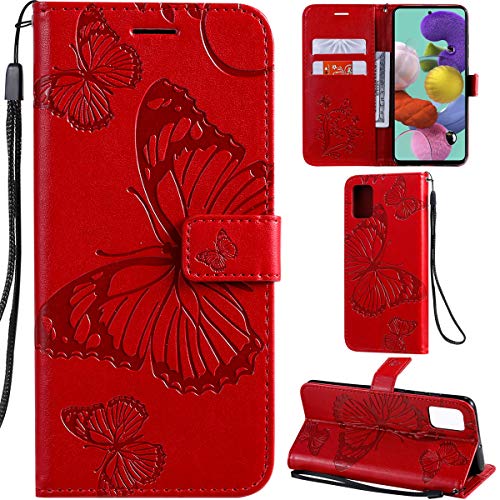 DodoBuy Samsung Galaxy A51 Hülle 3D Schmetterling Muster Prämie PU Leder Schutzhülle Tasche Case Flip Cover Brieftasche Ständer mit Kartenfächer Kartenfach für Samsung Galaxy A51 - Rot von DodoBuy