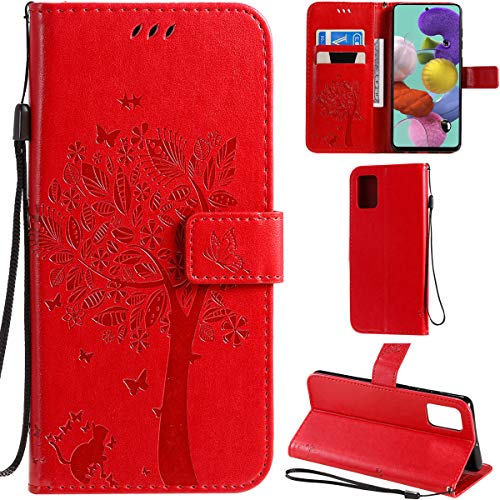 DodoBuy Samsung Galaxy A51 Hülle Katze Baum Muster Flip PU Leder Schutzhülle Handy Tasche Case Cover Standfunktion mit Kartenfächer für Samsung Galaxy A51 - Rot von DodoBuy