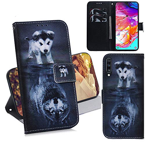 DodoBuy Samsung Galaxy A70 Hülle Flip PU Leder Schutzhülle Handy Tasche Case Cover Wallet Standfunktion mit Kartenfächer Magnetverschluss für Samsung Galaxy A70 - Hund Wolf von DodoBuy