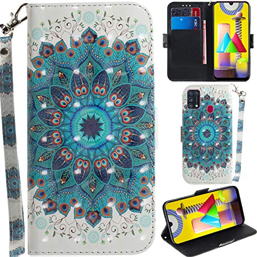 DodoBuy Samsung Galaxy M31 Hülle 3D Magnetische Flip PU Leder Schutzhülle Handy Tasche Case Cover Ständer mit Kartenfächer Trageschlaufe für Samsung Galaxy M31 - Pfau Blume von DodoBuy