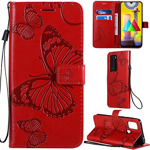 DodoBuy Samsung Galaxy M31 Hülle 3D Schmetterling Muster Prämie PU Leder Schutzhülle Tasche Case Flip Cover Brieftasche Ständer mit Kartenfächer Kartenfach für Samsung Galaxy M31 - Rot von DodoBuy