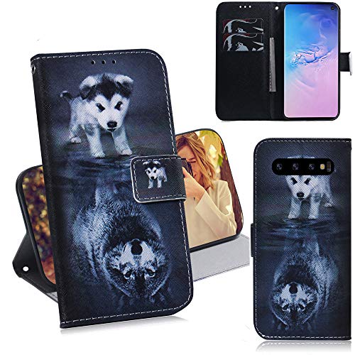 DodoBuy Samsung Galaxy S10 Hülle Flip PU Leder Schutzhülle Handy Tasche Case Cover Wallet Standfunktion mit Kartenfächer Magnetverschluss für Samsung Galaxy S10 - Hund Wolf von DodoBuy