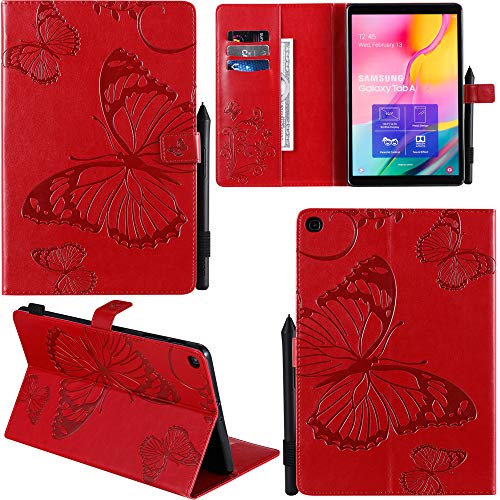 DodoBuy Samsung Galaxy Tab A 10.1" 2019 T510/T515 Hülle 3D Schmetterling Muster PU Leder Schutzhülle Tasche Smart Cover Case Flip Wallet Brieftasche Ständer für Samsung Tab A 10.1" 2019 - Rot von DodoBuy