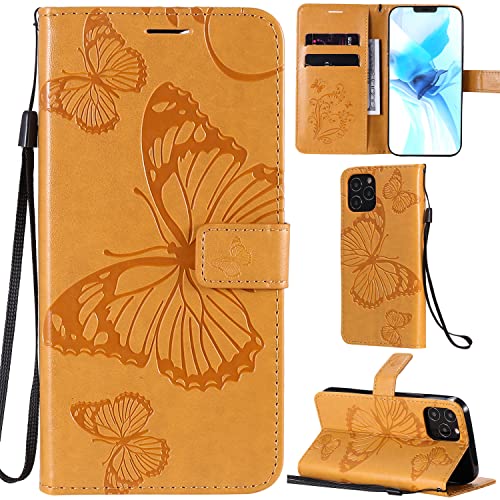 DodoBuy iPhone 12/iPhone 12 Pro Hülle 3D Schmetterling Muster Prämie PU Leder Schutzhülle Tasche Case Flip Cover Brieftasche Ständer mit Kartenfächer Kartenfach für iPhone 12/iPhone 12 Pro - Gelb von DodoBuy