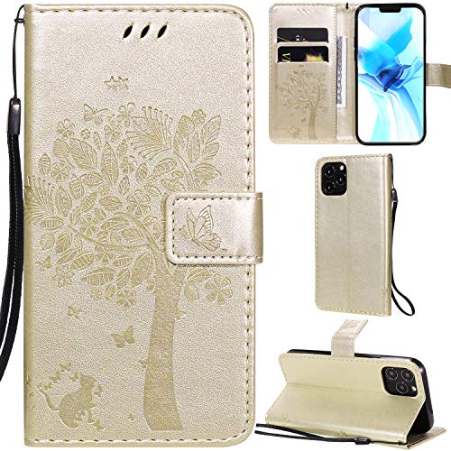 DodoBuy iPhone 12/iPhone 12 Pro Hülle Katze Baum Muster Flip PU Leder Schutzhülle Handy Tasche Case Cover Standfunktion mit Kartenfächer für iPhone 12/iPhone 12 Pro - Gold von DodoBuy