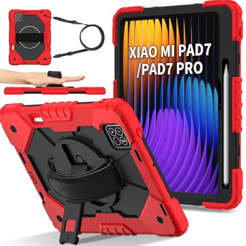 Doemoil Schutzhülle für Xiaomi Mi Pad 7 / Mi Pad 7 Pro 2024,3 Schicht Schutzhülle W 360 ° drehbarer Griff Ständer Schultergurt für Xiaomi Mi Pad 7 / Mi Pad 7 Pro 11,2 Zoll Tablet (Rot/Schwarz) von Doemoil