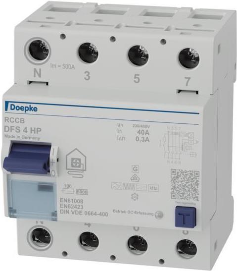 Doepke DFS4 040-4/0.30-HPFI-Schutzschalter 4p 40 A 0.3 - Polzahl4Bemessungsspannung400 VBemessungsstrom40 ABemessungsfehlerstrom0,3 ABemessungsisolationsspannung Ui400 VBemessungsstoßspannungsfestigkeit Uimp4 kVVerlustleistung5,2 WMontageartDIN-SchieneFehlerstrom-TypB+Selektiver-TypneinKurzzeitverzögerter TypjaKurzschlussfestigkeit (Icw)6 kAStoßstromfestigkeit3 kASpannungsartACMit VerriegelungsvorrichtungjaFrequenz50 HzZusatzeinrichtungen möglichjaSchutzart (IP)IP20Breite in Teilungseinheiten4Einbautiefe69 mmUmgebungstemperatur während des Betriebs-25 - 40 °CVerschmutzungsgrad2Anschließbarer Leiterquerschnitt mehrdrähtig1.5 - 50 qmmAnschließbarer Leiterquerschnitt eindrähtig1.5 - 50 qmmRAL-Nummer (ähnlich)7035Explosionsgeschütztnein (09136805) Doepke DFS4 040-4/0.30-HPFI-Schutzschalter 4p 40 A 0.3 - Polzahl4Bemessungsspannung400 VBemessungsstrom40 ABemessungsfehlerstrom0,3 ABemessungsisolationsspannung Ui400 VBemessungsstoßspannungsfestigkeit Uimp4 kVVerlustleistung5,2 WMontageartDIN-SchieneFehlerstrom-TypB+Selektiver-TypneinKurzzeitverzögerter TypjaKurzschlussfestigkeit (Icw)6 kAStoßstromfestigkeit3 kASpannungsartACMit VerriegelungsvorrichtungjaFrequenz50 HzZusatzeinrichtungen möglichjaSchutzart (IP)IP20Breite in Teilungseinheiten4Einbautiefe69 mmUmgebungstemperatur während des Betriebs-25 - 40 °CVerschmutzungsgrad2Anschließbarer Leiterquerschnitt mehrdrähtig1.5 - 50 qmmAnschließbarer Leiterquerschnitt eindrähtig1.5 - 50 qmmRAL-Nummer (ähnlich)7035Explosionsgeschütztnein (09136805) von Doepke