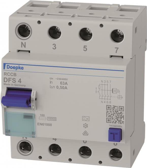 Doepke Schaltgeräte GmbH Fi-Schutzschalter A 4p 440V 63A 0.5A 4TE REG DIN-Schiene 10kA 0 (DFS4063-4/0,50-A) von Doepke