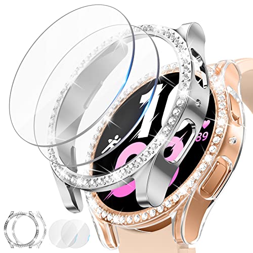 [2+2Stück] Doeshine Glitzer Hülle kompatibel für Samsung Galaxy Watch 5 44MM, Schutzhülle mit Strasssteine PC Schutz und HD Gehärtetes Displayschutz, Samsung Galaxy Watch 4/5 Schutzhülle（44MM） von Doeshine