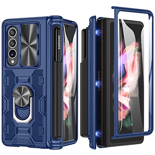 Doeshine Hülle für Samsung Galaxy Z Fold 3 mit S Pen Slot, Handyhülle mit Ständer, Ganzkörper Robuste Schutzhülle mit Displayschutzfolie, Kameraschutz, Anti-Shock Case mit Scharnierschutz (Blau) von Doeshine