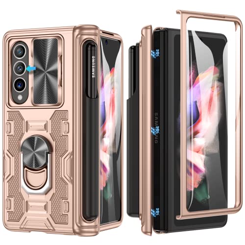 Doeshine Hülle für Samsung Galaxy Z Fold 3 mit S Pen Slot, Handyhülle mit Ständer, Ganzkörper Robuste Schutzhülle mit Displayschutzfolie, Kameraschutz, Anti-Shock Case mit Scharnierschutz (Gold) von Doeshine