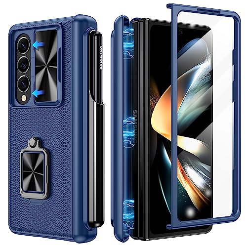 Doeshine Hülle für Samsung Galaxy Z Fold 4 mit S Pen Slot & Ständer, Ganzkörper Robuste Handyhülle mit Panzerglas Displayschutzfolie & Kameraschutz, Militär Schutzhülle mit Scharnierschutz (Blau) von Doeshine