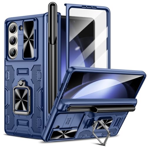 Doeshine Hülle für Samsung Galaxy Z Fold 5, Handyhülle mit Ständer & S Pen Slot, Ganzkörper Robuste Schutzhülle mit Displayschutzfolie, Kameraschutz, Anti-Shock Case mit Scharnierschutz (Blau) von Doeshine