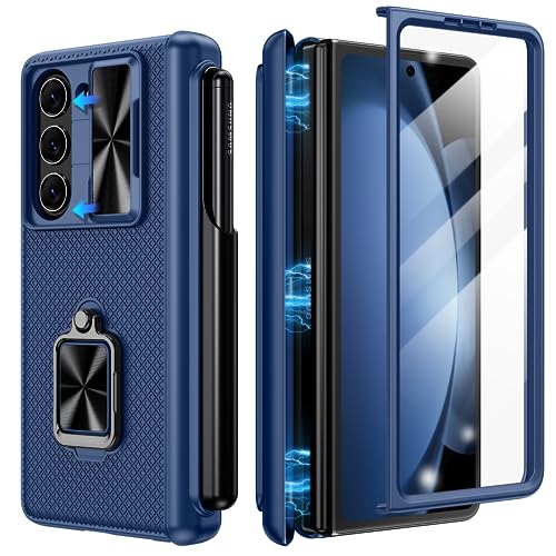 Doeshine Hülle für Samsung Galaxy Z Fold 5 mit S Pen Slot & Ständer, Ganzkörper Robuste Handyhülle mit Panzerglas Displayschutzfolie & Kameraschutz, Militär Schutzhülle mit Scharnierschutz (Blau) von Doeshine