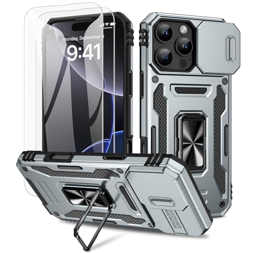 Doeshine Hülle für iPhone 16 Pro, Handyhülle mit 2 Stück Displayschutzfolie & Kameraschutz, 360° Rotate Metal Ring Ständer, Robust Militär Shockproof Schutzhülle für iPhone 16 Pro（Grau） von Doeshine