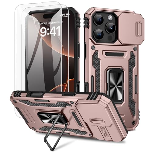 Doeshine Hülle für iPhone 16 Pro, Handyhülle mit 2 Stück Displayschutzfolie & Kameraschutz, 360° Rotate Metal Ring Ständer, Robust Militär Shockproof Schutzhülle für iPhone 16 Pro（Roségold） von Doeshine