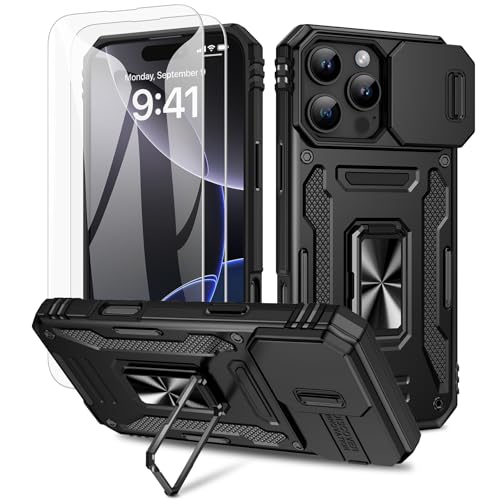 Doeshine Hülle für iPhone 16 Pro, Handyhülle mit 2 Stück Displayschutzfolie & Kameraschutz, 360° Rotate Metal Ring Ständer, Robust Militär Shockproof Schutzhülle für iPhone 16 Pro (Schwarz) von Doeshine