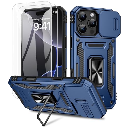 Doeshine Hülle für iPhone 16 Pro Max, Handyhülle mit 2 Stück Displayschutzfolie & Kameraschutz, Magnetisch Ring Ständer, Robust Militär Shockproof Schutzhülle für iPhone 16 Pro Max（Blau） von Doeshine