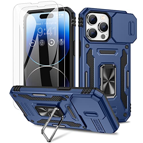 Doeshine Hülle für iPhone 14 Pro, Handyhülle mit 2 Stück Displayschutzfolie & Kameraschutz, 360° Rotate Metal Ring Ständer, Robust Fallschutz Outdoor Militär Schutzhülle für iPhone 14 Pro（Blau） von Doeshine