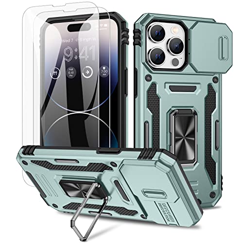 Doeshine Hülle für iPhone 14 Pro Max,Handyhülle mit 2 Stück Displayschutzfolie & Kameraschutz, Magnetisch Ring Ständer, Robust Fallschutz Outdoor Militär Schutzhülle für iPhone 14 Pro Max (Grün) von Doeshine