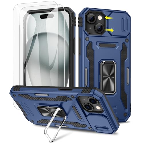 Doeshine Hülle für iPhone 15, Handyhülle mit 2 Stück Displayschutzfolie & Kameraschutz, 360° Rotate Metal Ring Ständer, Robust Fallschutz Case Outdoor Militär Schutzhülle für iPhone 15（Blau） von Doeshine