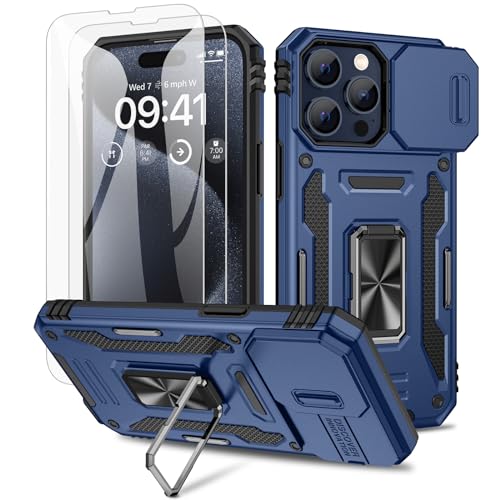 Doeshine Hülle für iPhone 15 Pro, Handyhülle mit 2 Stück Displayschutzfolie & Kameraschutz, Magnetisch Ring Ständer, Robust Fallschutz Outdoor Militär Schutzhülle für iPhone 15 Pro (Blau) von Doeshine