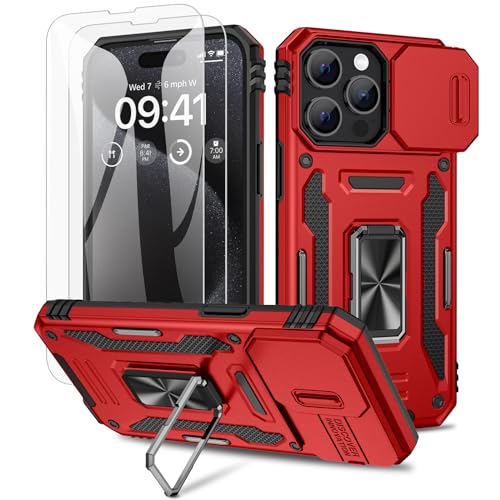 Doeshine Hülle für iPhone 15 Pro, Handyhülle mit 2 Stück Displayschutzfolie & Kameraschutz, Magnetisch Ring Ständer, Robust Fallschutz Outdoor Militär Schutzhülle für iPhone 15 Pro (Rot) von Doeshine