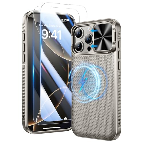Doeshine Hülle für iPhone 16 Pro Magnetisch mit 2 Stück Displayschutzfolie & Schlanker Passform Und Rutschfesten Stilvollen Textur, Robust Militär Schutzhülle für iPhone 16 Pro (Titan Natur) von Doeshine