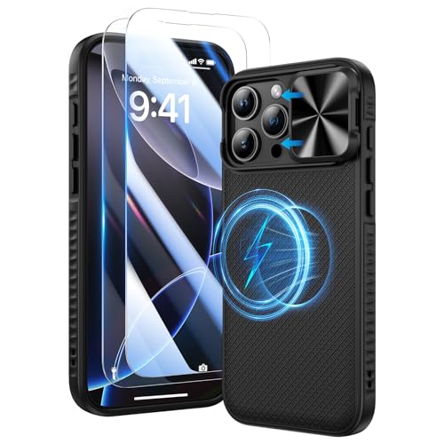 Doeshine Hülle für iPhone 16 Pro Magnetisch mit 2 Stück Displayschutzfolie & Schlanker Passform Und Rutschfesten Stilvollen Textur, Robust Militär Schutzhülle für iPhone 16 Pro (Schwarz) von Doeshine