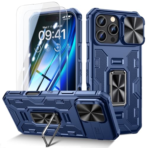 Doeshine Hülle für iPhone 16 Pro Max, Handyhülle mit 2 Stück Displayschutzfolie & Kameraschutz, 360°drehbar Magnetisch Ring Ständer, Robust Militär Schutzhülle für iPhone 16 Pro Max (Blau) von Doeshine