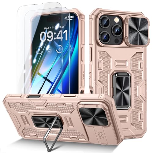 Doeshine Hülle für iPhone 16 Pro Max, Handyhülle mit 2 Stück Displayschutzfolie & Kameraschutz, 360°drehbar Magnetisch Ring Ständer, Robust Militär Schutzhülle für iPhone 16 Pro Max (Roségold) von Doeshine