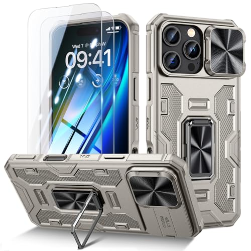 Doeshine Hülle für iPhone 16 Pro Max, Handyhülle mit 2 Stück Displayschutzfolie & Kameraschutz, 360°drehbar Magnetisch Ring Ständer, Robust Militär Schutzhülle für iPhone 16 Pro Max (Titan Natur) von Doeshine