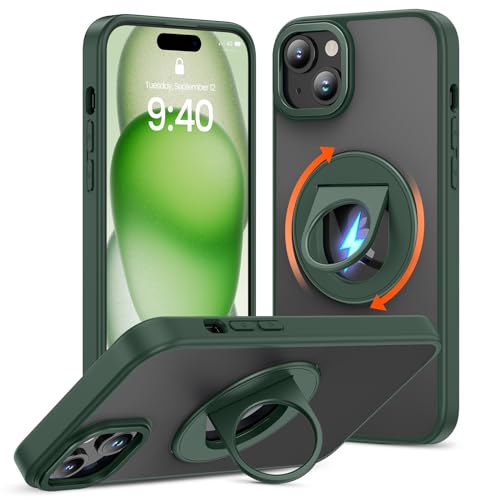 Doeshine Magnetisch Handyhülle für iPhone 15 Plus,iPhone 14 Plus 6,7 Zoll Handyhülle Kompatibel mit magsafe,Durchscheinende Matte Handyhülle mit Ringhalter Stoßfest (Grün) von Doeshine