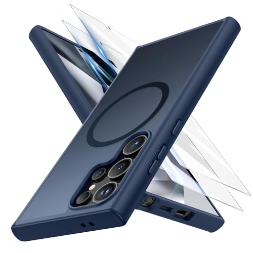 Doeshine für Samsung Galaxy S24 Ultra Hülle&2 Pack Displayschutzfolie (3in1) Magnetischer Militärischer Fallschutz Transluzente Matte Rückseite rutschfeste Handyhülle Stoßfeste Case-Blau von Doeshine