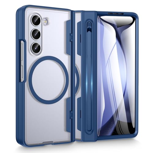 Doeshine für Samsung Galaxy Z Fold 5 Hülle mit S-Pen Slot (No S-Pen) & Panzerglas Screen, Robuste Handyhülle für Magnetic Kabelloses Laden, Fallschutz Militär Schutzhülle mit Scharnierschutz (Blau) von Doeshine
