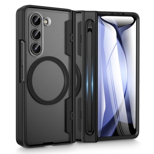 Doeshine für Samsung Galaxy Z Fold 5 Hülle mit S-Pen Slot (No S-Pen) & Panzerglas Screen, Robuste Handyhülle für Magnetic Kabelloses Laden, Fallschutz Militär Schutzhülle mit Scharnierschutz (Schwarz) von Doeshine