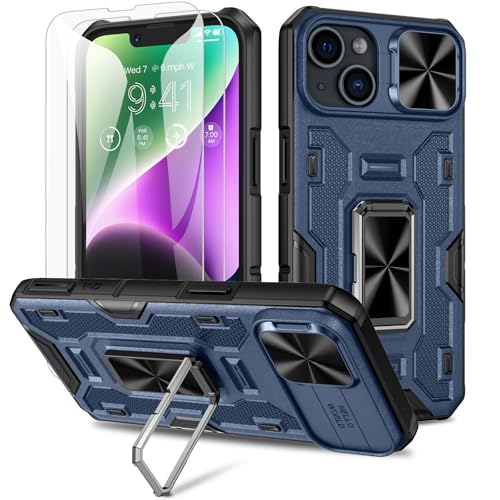 Doeshine Hülle für iPhone 14 & iPhone 13, Handyhülle mit 2 Stück Displayschutzfolie & Kameraschutz, 360°drehbar Magnetisch Ring Ständer, Robust Militär Schutzhülle für iPhone 14 & iPhone 13 (Blau) von Doeshine