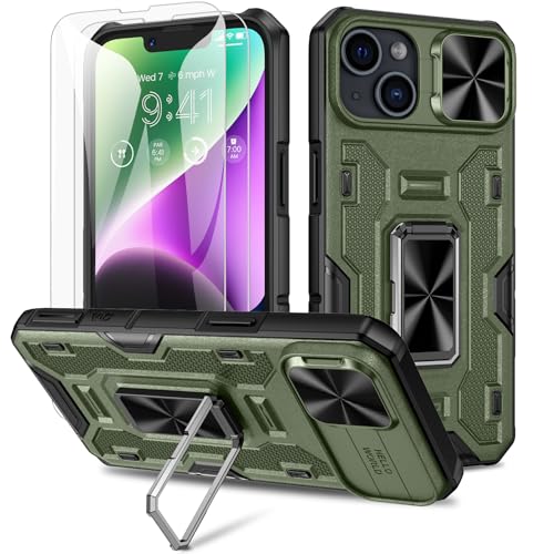 Doeshine Hülle für iPhone 14 & iPhone 13, Militär Schutzhülle mit 2 Stück Displayschutzfolie & Kameraschutz, 360°drehbar Magnetisch Ring Ständer, Robust in Grün von Doeshine