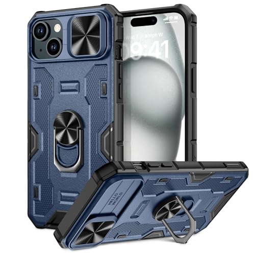 Doeshine für iPhone 15 Hülle mit Ständer & Kameraschutz, Robuste Stoßfeste Schutzhülle mit 360 Grad Magnetisch Ring Stand, Military Shockproof Cover für iPhone 15 5G 2023 (Blau) von Doeshine