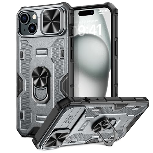 Doeshine für iPhone 15 Hülle mit Ständer & Kameraschutz, Robuste Stoßfeste Schutzhülle mit 360 Grad Magnetisch Ring Stand, Military Shockproof Cover für iPhone 15 5G 2023 (Grau) von Doeshine