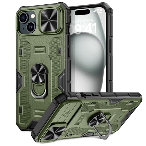 Doeshine für iPhone 15 Hülle mit Ständer & Kameraschutz, Robuste Stoßfeste Schutzhülle mit 360 Grad Magnetisch Ring Stand, Military Shockproof Cover für iPhone 15 5G 2023 (Grün) von Doeshine