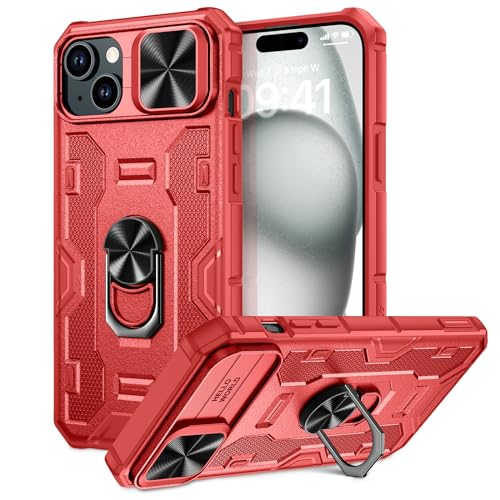 Doeshine für iPhone 15 Hülle mit Ständer & Kameraschutz, Robuste Stoßfeste Schutzhülle mit 360 Grad Magnetisch Ring Stand, Military Shockproof Cover für iPhone 15 5G 2023 (Rot) von Doeshine