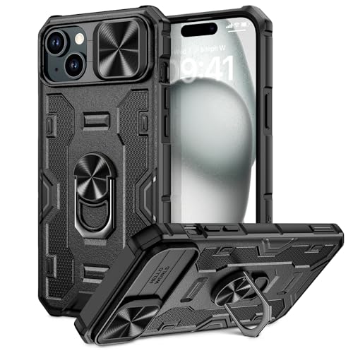 Doeshine für iPhone 15 Hülle mit Ständer & Kameraschutz, Robuste Stoßfeste Schutzhülle mit 360 Grad Magnetisch Ring Stand, Military Shockproof Cover für iPhone 15 5G 2023 (Schwarz) von Doeshine