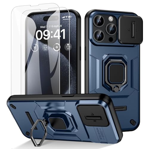Doeshine für iPhone 15 Pro Hülle, mit 360° Ständer & Kameraschutz, Military Grade Handyhülle mit Ring Stand Multifunktion Schutzhülle Outdoor Case mit 2 Stück Schutzfolie (Blau) von Doeshine