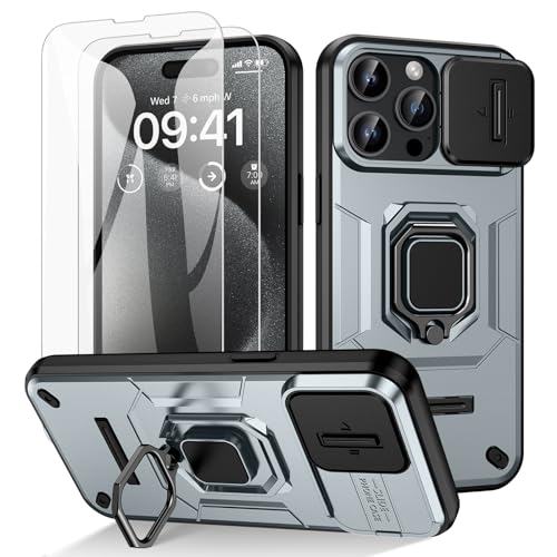 Doeshine für iPhone 15 Pro Hülle, mit 360° Ständer & Kameraschutz, Military Grade Handyhülle mit Ring Stand Multifunktion Schutzhülle Outdoor Case mit 2 Stück Schutzfolie (Grau) von Doeshine