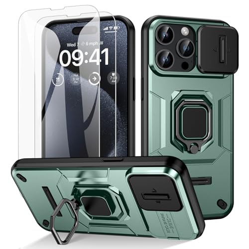 Doeshine für iPhone 15 Pro Hülle, mit 360° Ständer & Kameraschutz, Military Grade Handyhülle mit Ring Stand Multifunktion Schutzhülle Outdoor Case mit 2 Stück Schutzfolie (Grün) von Doeshine