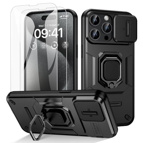 Doeshine für iPhone 15 Pro Max Hülle, mit 360° Ständer & Kameraschutz, Military Grade Handyhülle mit Ring Stand Multifunktion Schutzhülle Outdoor Case mit 2 Stück Schutzfolie (Schwarz) von Doeshine