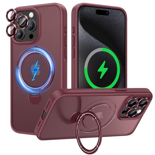 Doeshine für iPhone 15 Pro Max Hülle mit MagSafe & Magnetischer Ring Ständer [3 Stück Kameraschutz] [Nie Vergilbung], Militärschutz Dünne Stoßfeste Handyhülle für iPhone 15 Pro Max Case (Wein Rot) von Doeshine