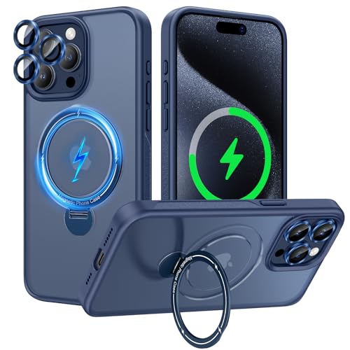 Doeshine für iPhone 15 Pro Max Hülle mit MagSafe & Magnetischer Ring Ständer [3 Stück Kameraschutz] [Nie Vergilbung], Militärschutz Dünne Stoßfeste Handyhülle für iPhone 15 Pro Max Case (Blau) von Doeshine